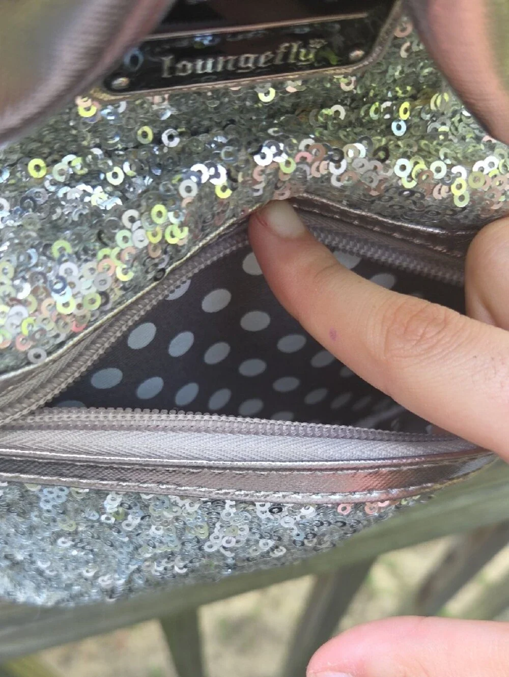 Loungefly Silver Sequin Minnie Ear Mini Backpack with Metallic Bow